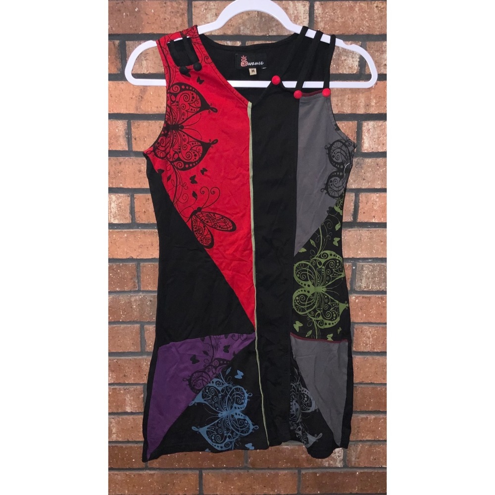 Swamee Womens Butterfly Patchwork Mini Dress Asymmetric Cutout‎ Sleeveless M